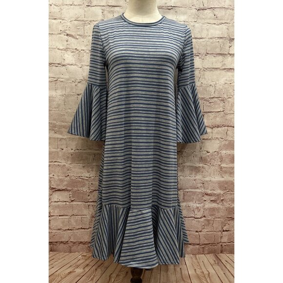 LuLaRoe Maurine Ruffle Midi Shift Dress Gray Blue Striped Stretch Knit Size XS - Picture 1 of 4